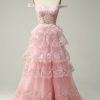 Special Occasion HELLYMOON | Off Shoulder Layered Prom Dress With Slit Pink