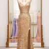 Prom Dresses HELLYMOON | Sparkly Mermaid Long Prom Dress With Slit Golden