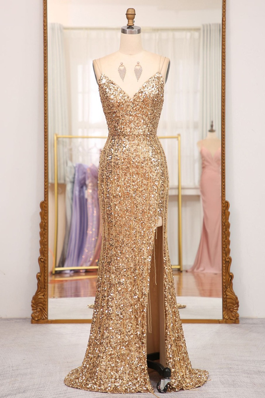 Prom Dresses HELLYMOON | Sparkly Mermaid Long Prom Dress With Slit Golden