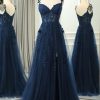 Special Occasion HELLYMOON | A-Line Spaghetti Straps Tulle Princess Prom Dress With Appliques Navy