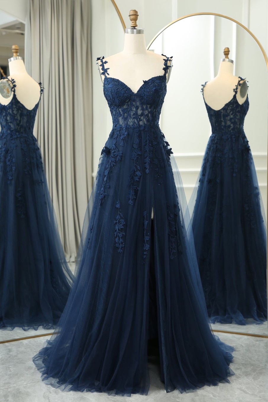 Special Occasion HELLYMOON | A-Line Spaghetti Straps Tulle Princess Prom Dress With Appliques Navy