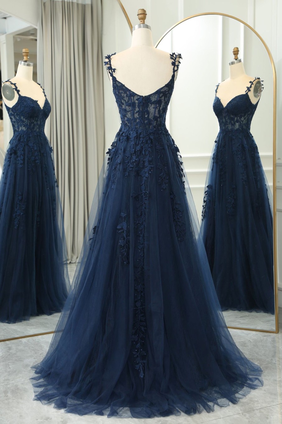 Special Occasion HELLYMOON | A-Line Spaghetti Straps Tulle Princess Prom Dress With Appliques Navy