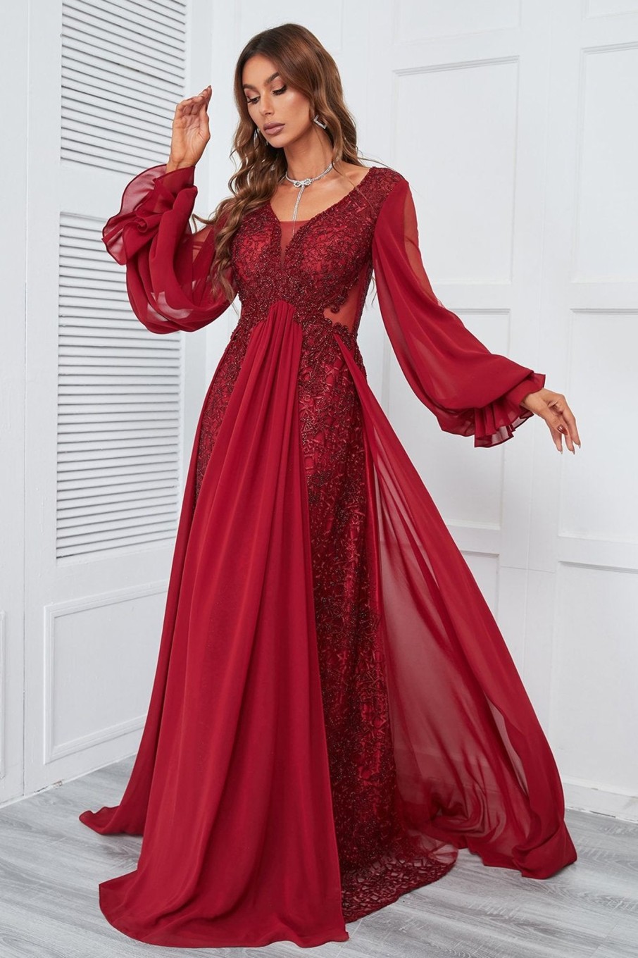 Special Occasion HELLYMOON | Beaded Long Prom Dress With Lace Burgundy