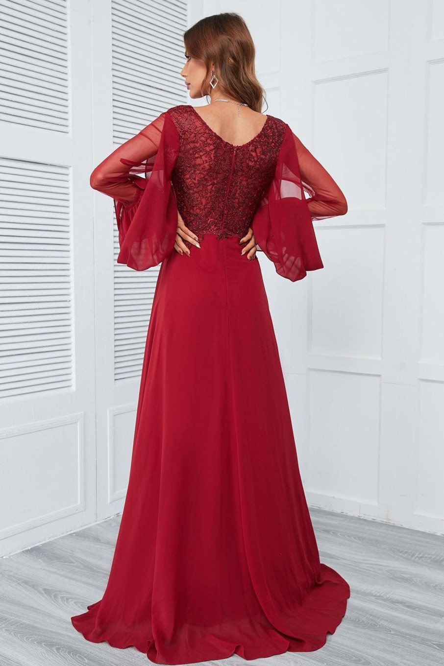 Special Occasion HELLYMOON | Beaded Long Prom Dress With Lace Burgundy