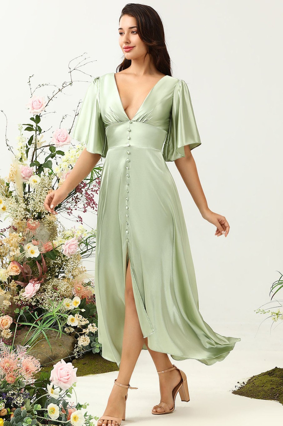 Partywear HELLYMOON | A Line Deep V Neck Wedding Guest Dress With Half Sleeves