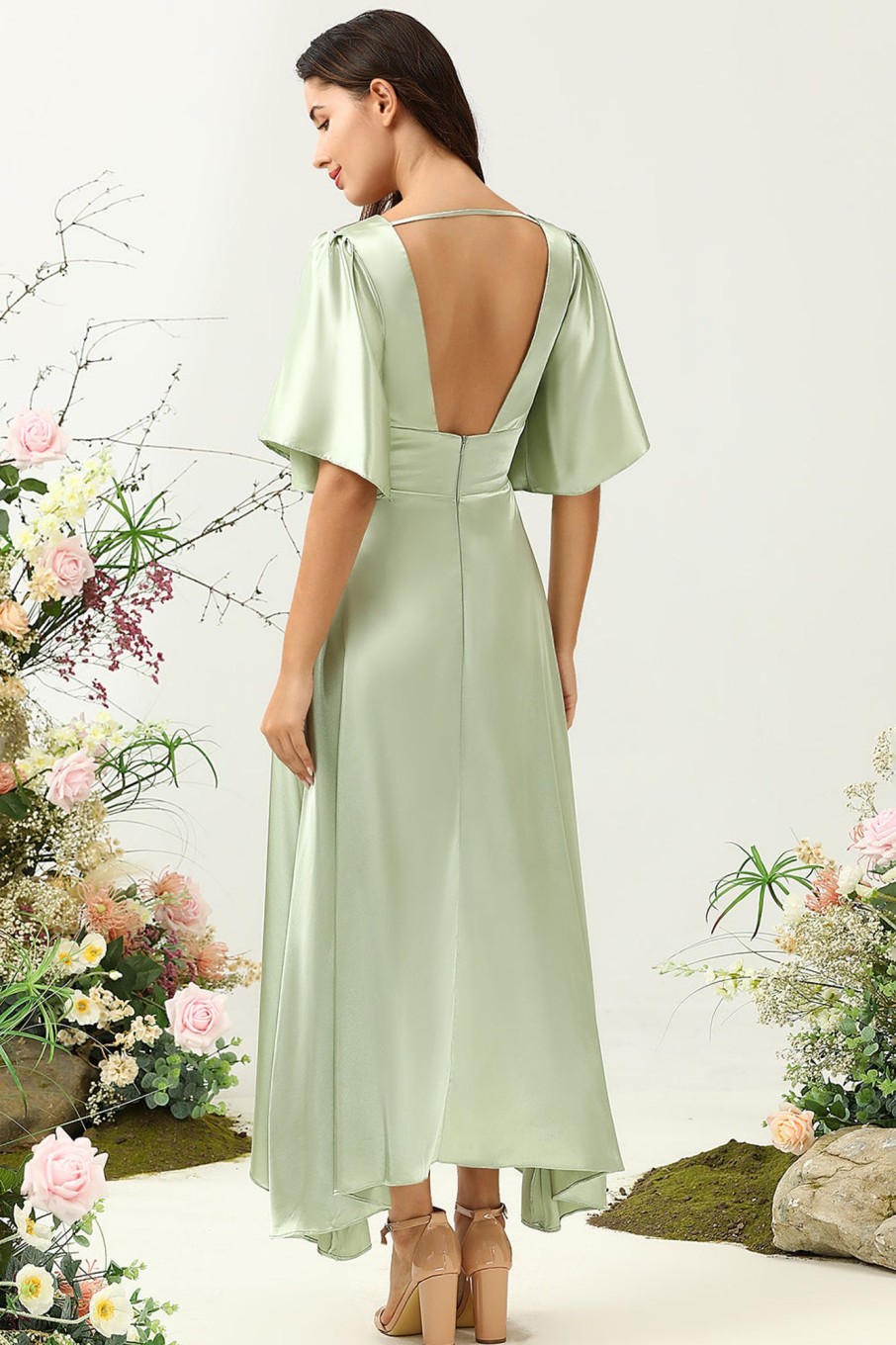 Partywear HELLYMOON | A Line Deep V Neck Wedding Guest Dress With Half Sleeves