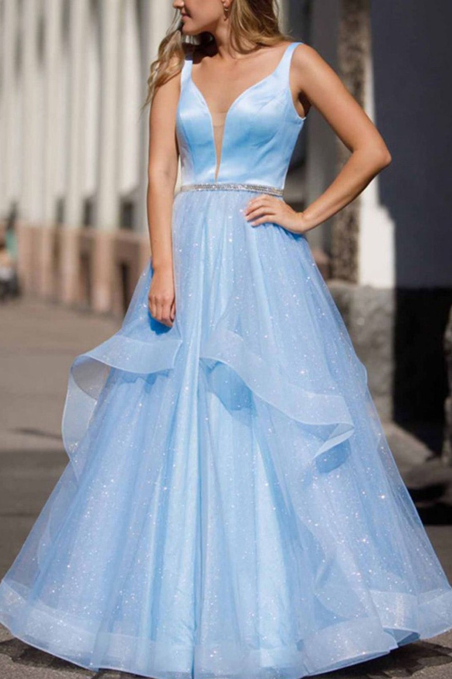 Special Occasion HELLYMOON | A Line Sparkly Prom Dress With Beading Light Blue