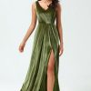 Partywear HELLYMOON | V-Neck Sleeveless A Line Velvet Bridesmaid Dress With Slit Olive