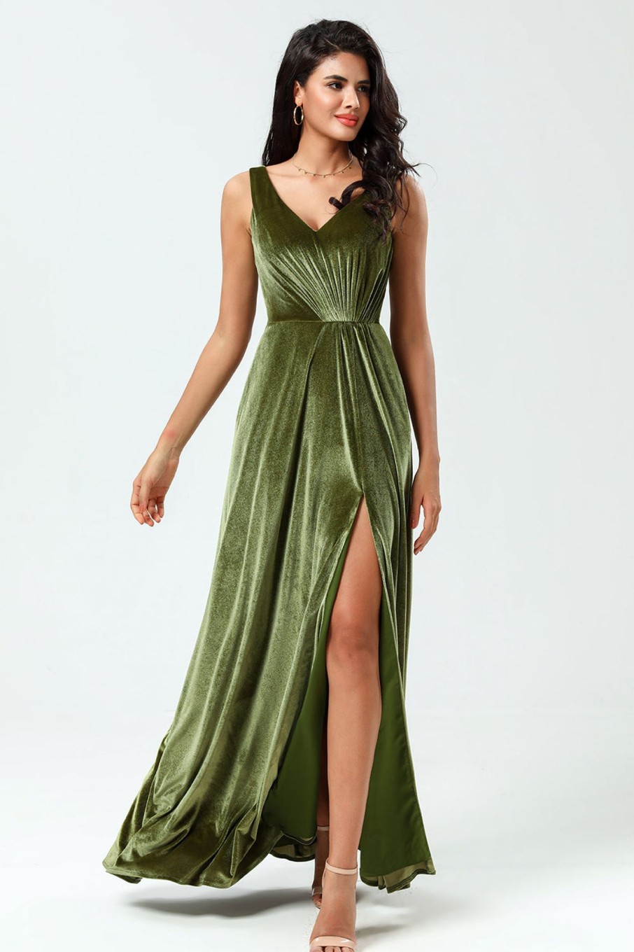 Partywear HELLYMOON | V-Neck Sleeveless A Line Velvet Bridesmaid Dress With Slit Olive