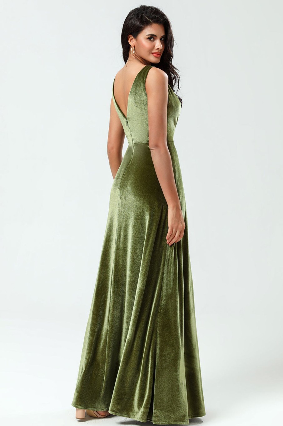 Partywear HELLYMOON | V-Neck Sleeveless A Line Velvet Bridesmaid Dress With Slit Olive