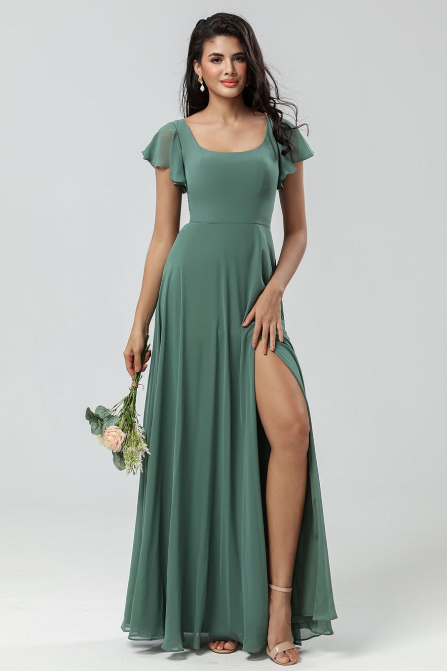 Partywear HELLYMOON | A-Line Green Long Bridesmaid Dress With Ruffles