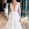 Wedding Dresses HELLYMOON | A-Line Illusion Deep V-Neck Long Sleeves Wedding Dress Ivory