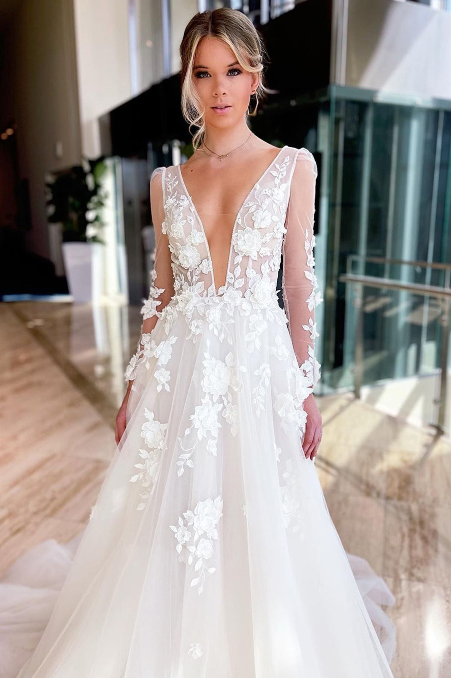 Wedding Dresses HELLYMOON | A-Line Illusion Deep V-Neck Long Sleeves Wedding Dress Ivory