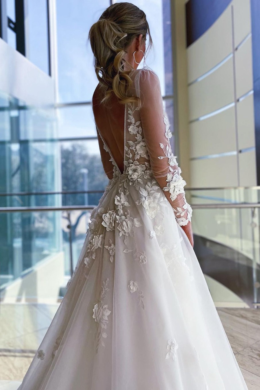 Wedding Dresses HELLYMOON | A-Line Illusion Deep V-Neck Long Sleeves Wedding Dress Ivory