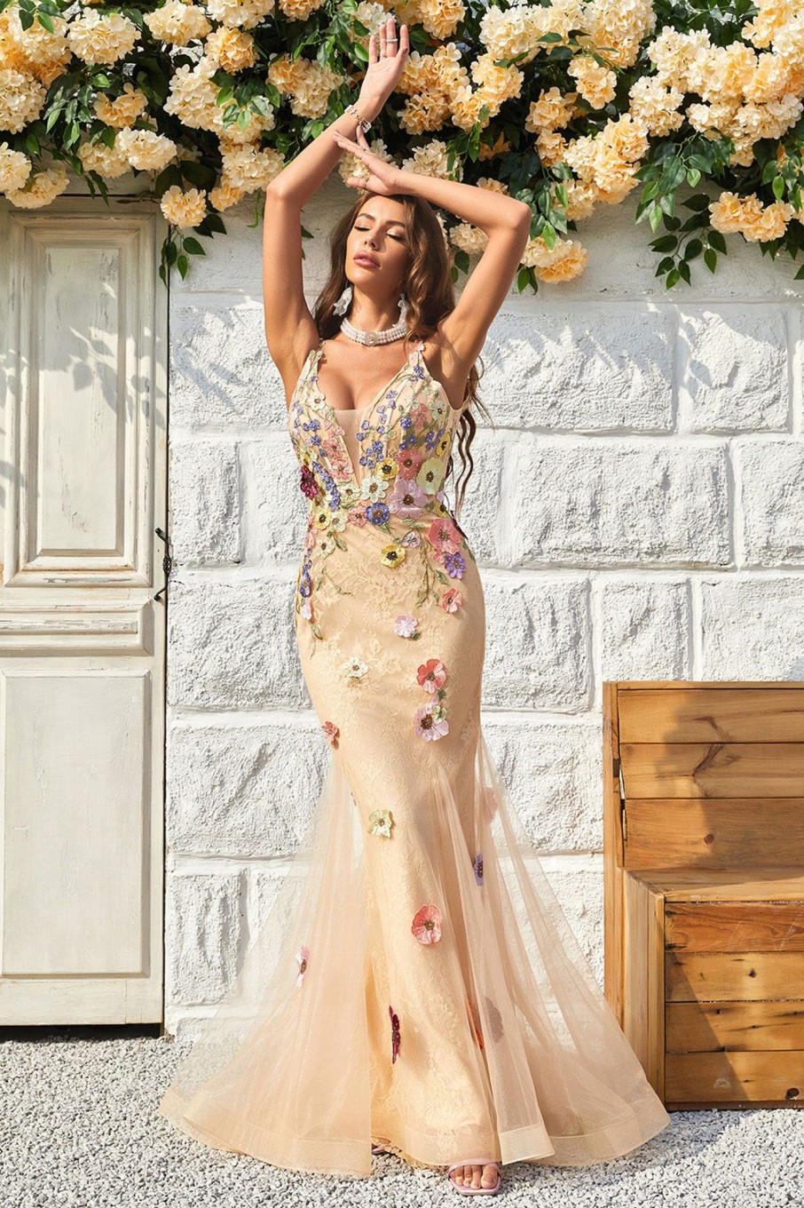 Special Occasion HELLYMOON | Lace Mermaid Prom Dress With Appliques Champagne