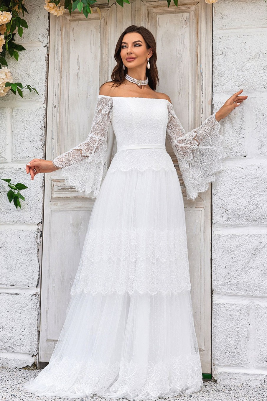 Wedding Dresses HELLYMOON | Sweep Train Flare Sleeves Wedding Dress Ivory