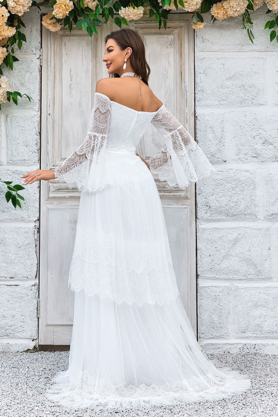 Wedding Dresses HELLYMOON | Sweep Train Flare Sleeves Wedding Dress Ivory