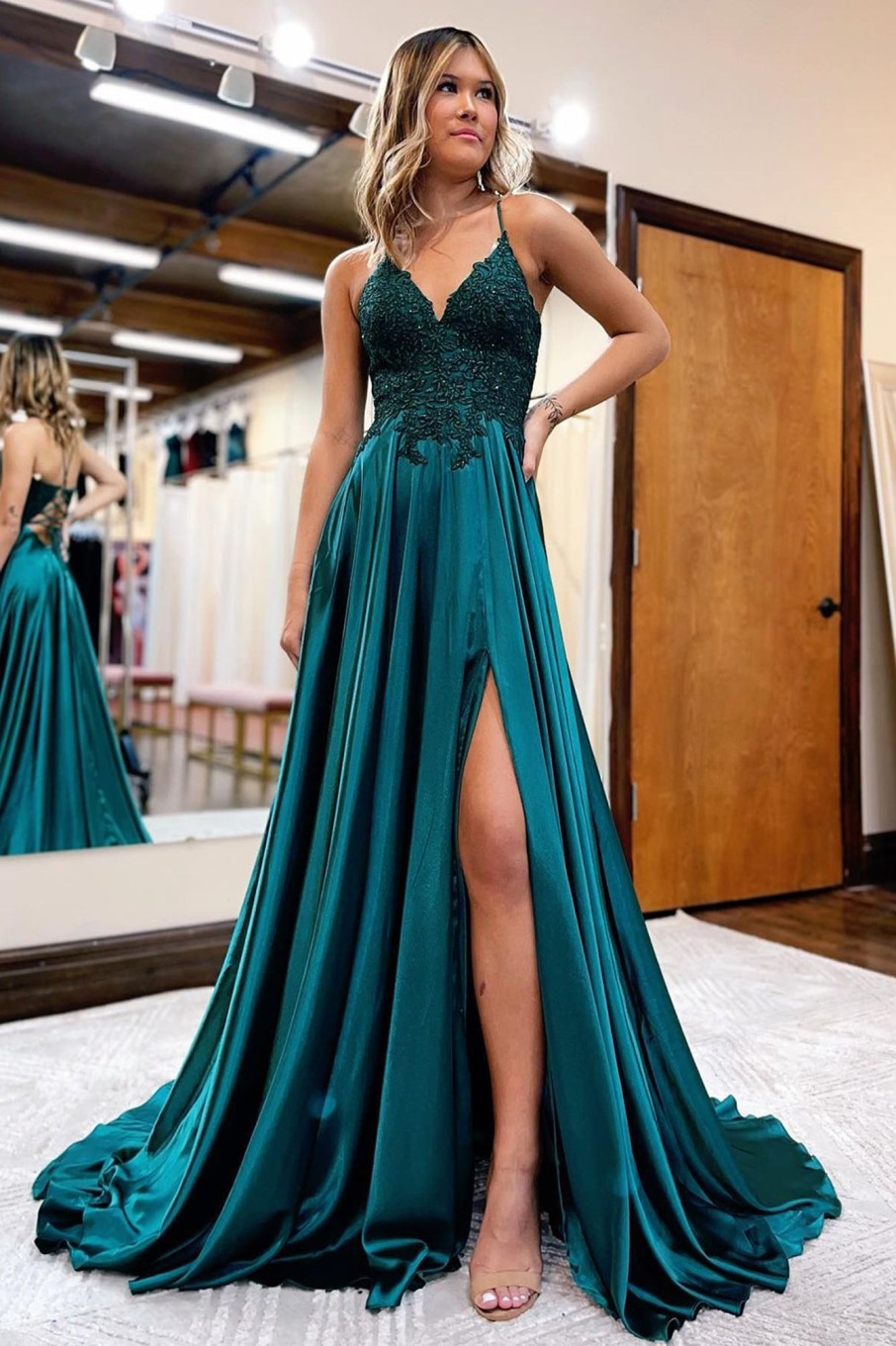 Special Occasion HELLYMOON | A Line Satin Beaded Prom Dress With Slit