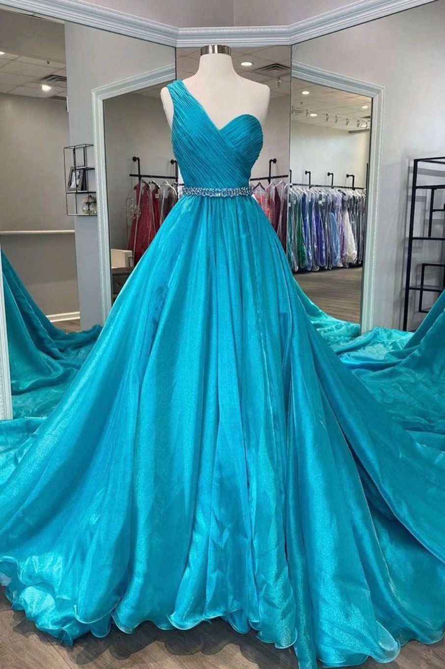 Special Occasion HELLYMOON | One Shoulder A Line Princess Prom Dress With Beading Waist Sky Blue