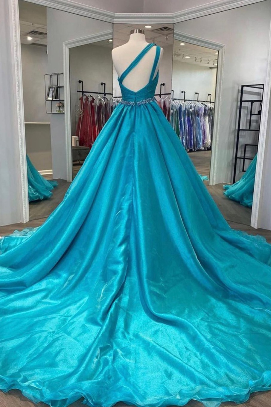 Special Occasion HELLYMOON | One Shoulder A Line Princess Prom Dress With Beading Waist Sky Blue