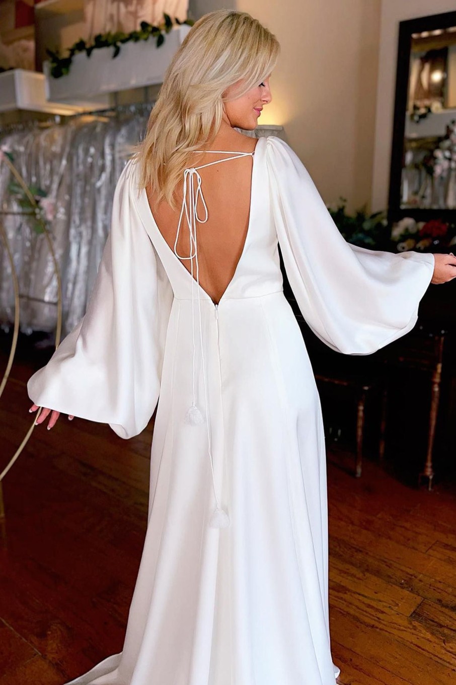 Wedding Dresses HELLYMOON | Satin Simple A-Line Long Wedding Dress White