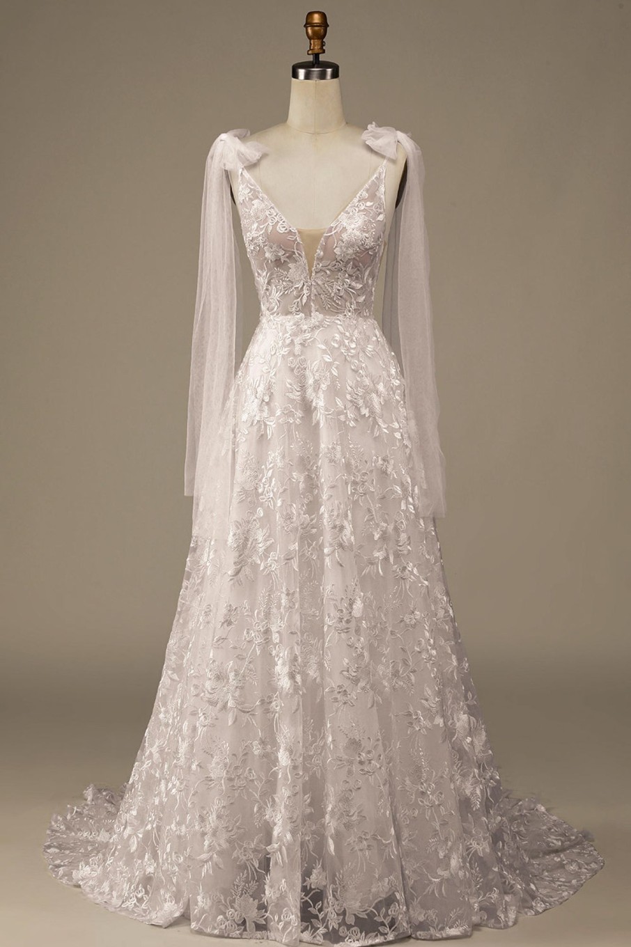 Wedding Dresses HELLYMOON | V-Neck Lace A-Line Wedding Dress With Bowknot Ivory