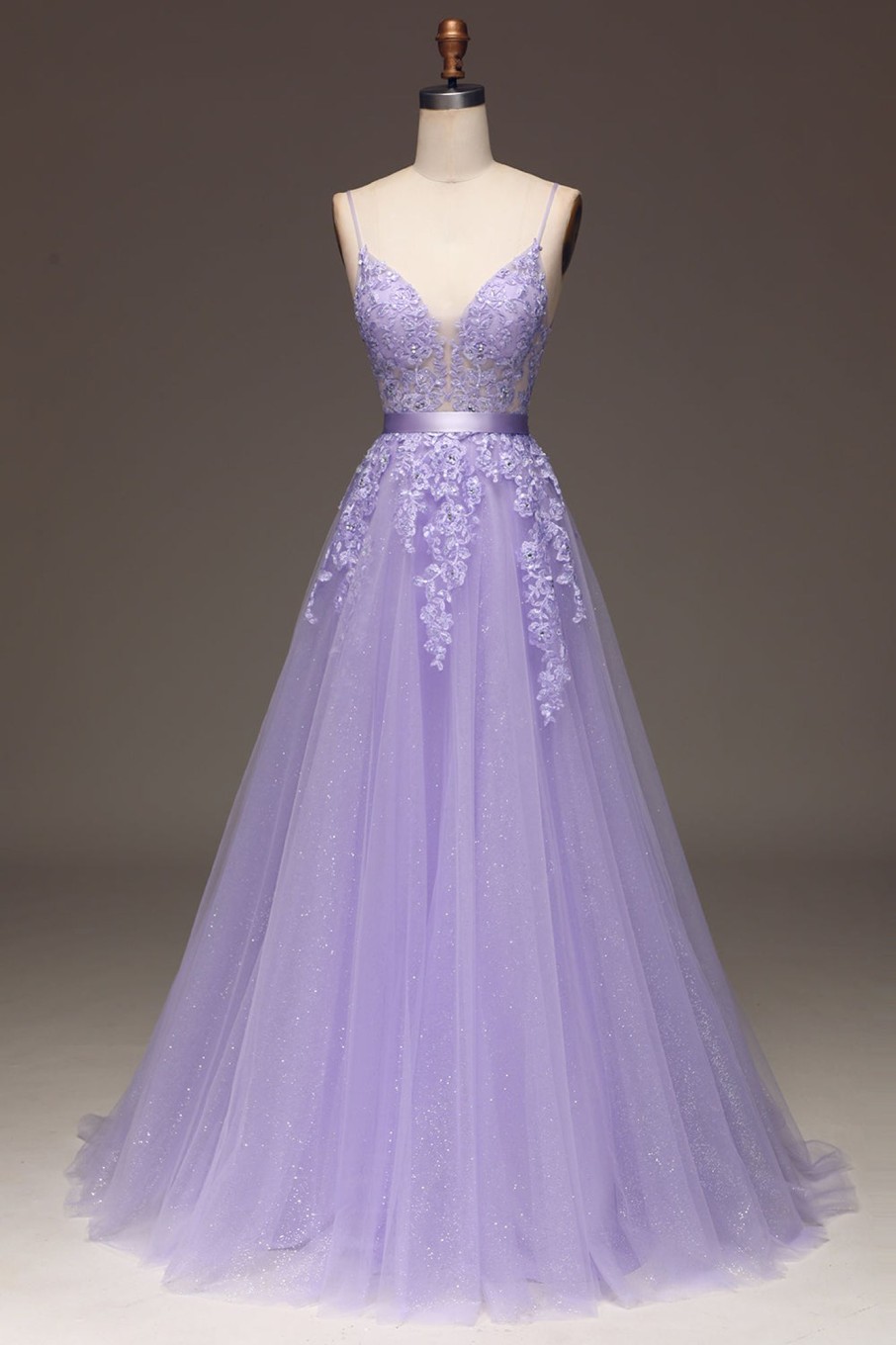 Prom Dresses HELLYMOON | A-Line Spaghetti Straps Long Beaded And Tulle Prom Dress With Appliques Purple