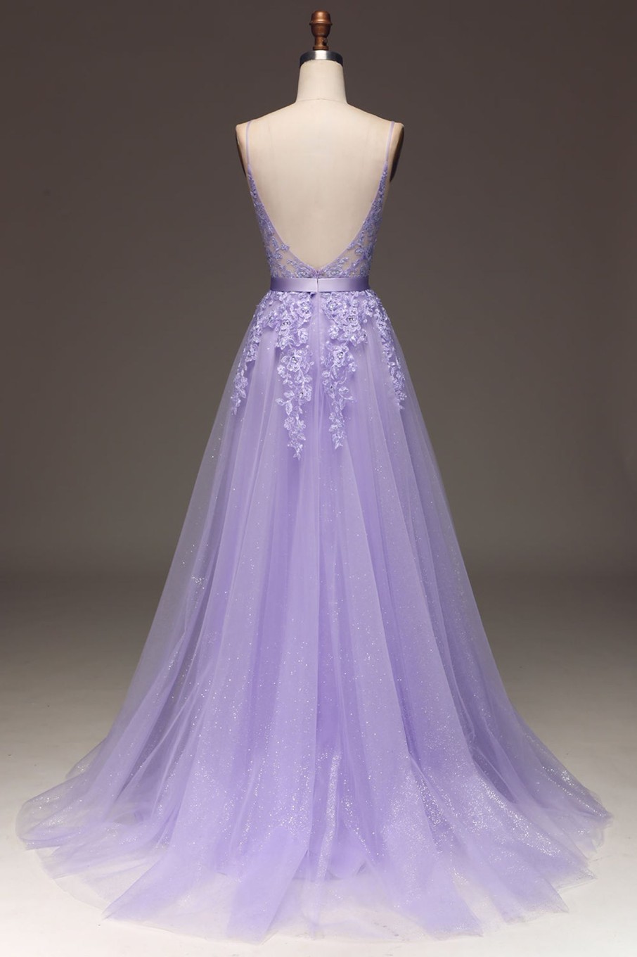 Prom Dresses HELLYMOON | A-Line Spaghetti Straps Long Beaded And Tulle Prom Dress With Appliques Purple