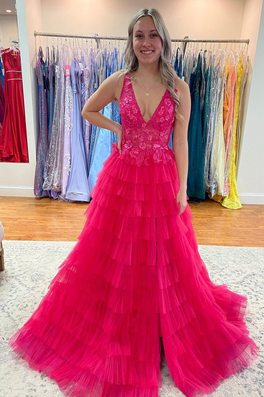 Special Occasion HELLYMOON | A Line Tulle Prom Dress With Appliques Hot Pink