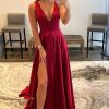 Prom Dresses HELLYMOON | V Neck Backless Long Prom Dress With Slit Burgundy