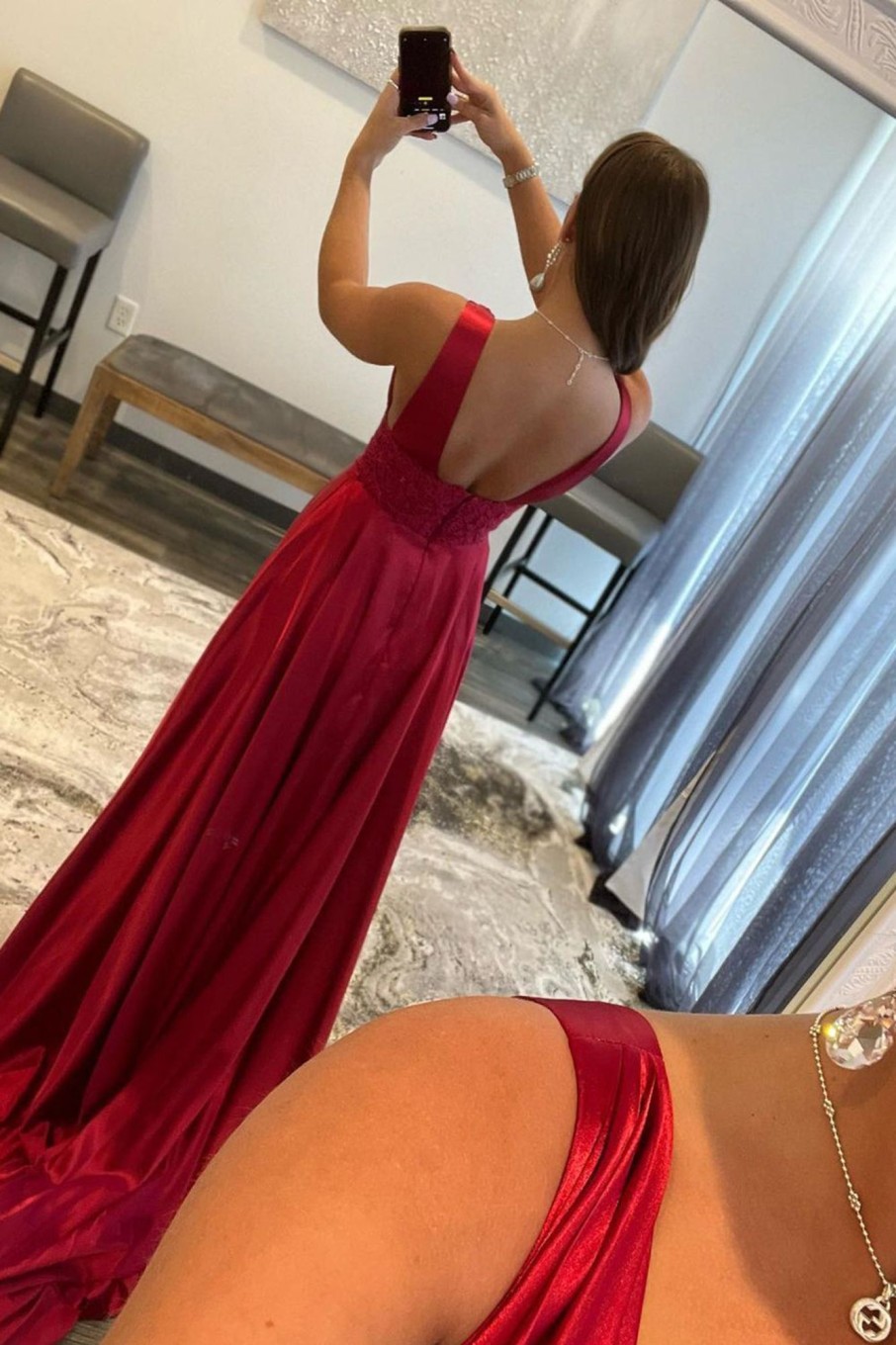 Prom Dresses HELLYMOON | V Neck Backless Long Prom Dress With Slit Burgundy