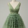 Prom Dresses HELLYMOON | Tulle V-Neck Short Prom Dress With Open Back Green