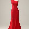 Prom Dresses HELLYMOON | Mermaid One Shoulder Long Prom Dress With Beading Red