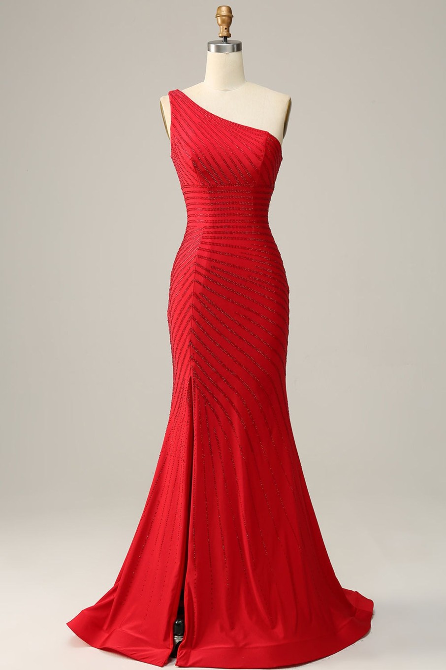 Prom Dresses HELLYMOON | Mermaid One Shoulder Long Prom Dress With Beading Red