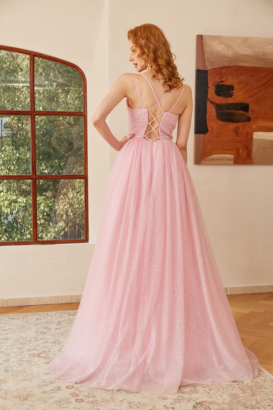 Special Occasion HELLYMOON | Glitter Lace-Up Ruched Princess Prom Dress Pink