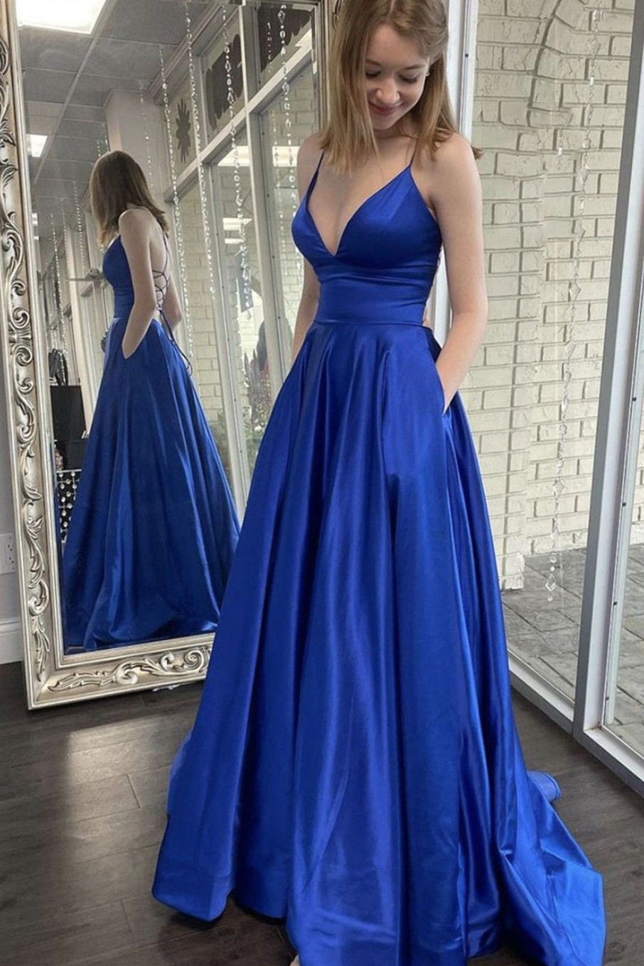 Special Occasion HELLYMOON | A Line Satin Prom Dress With Pockets Royal Blue