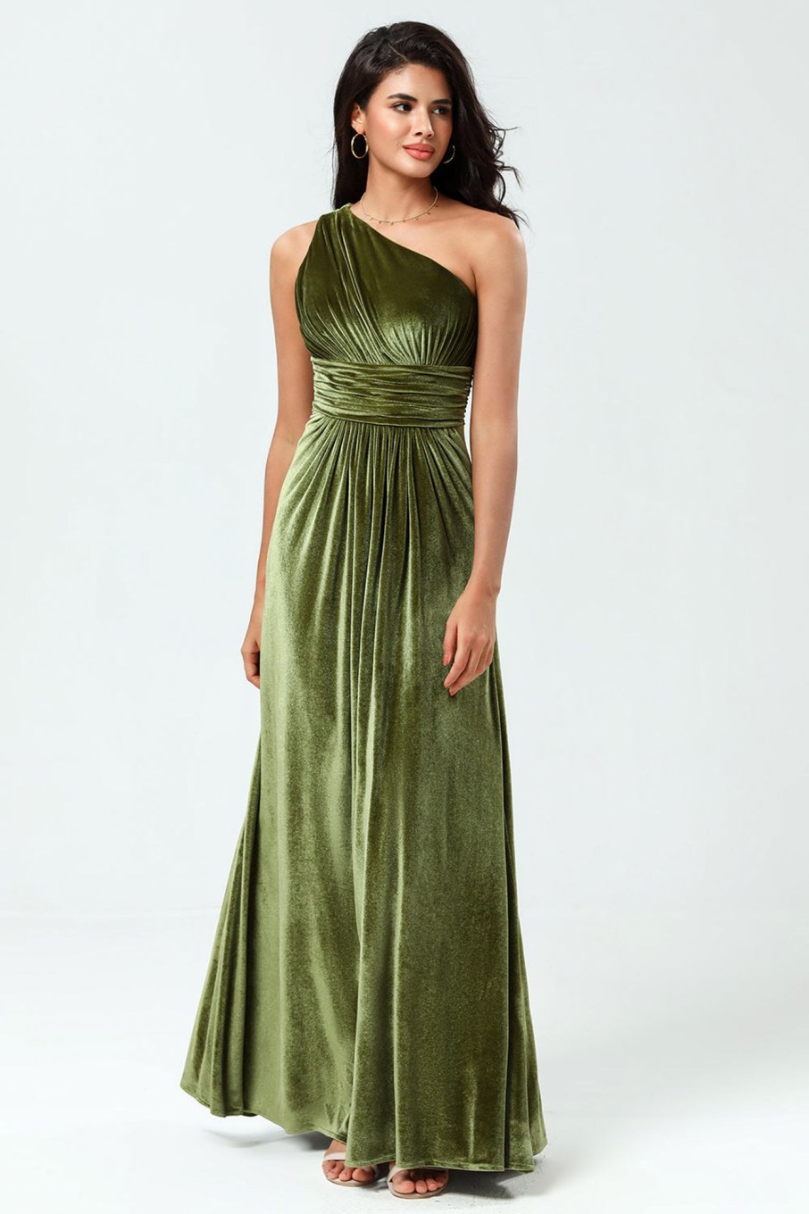 Partywear HELLYMOON | A Line One Shoulder Velvet Long Bridesmaid Dress Olive