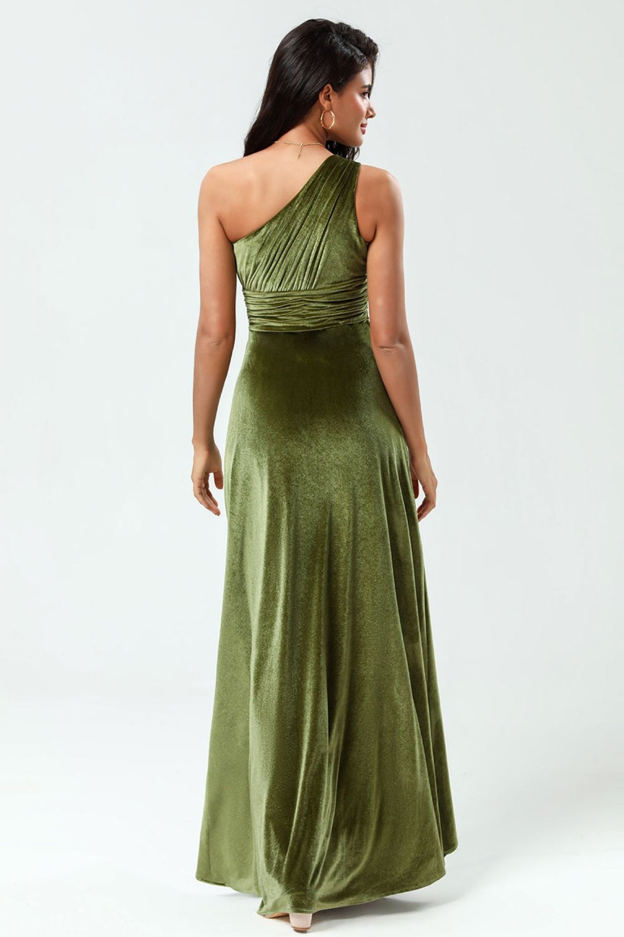 Partywear HELLYMOON | A Line One Shoulder Velvet Long Bridesmaid Dress Olive