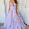 Prom Dresses HELLYMOON | Glitter Spaghetti Straps Lavender Princess Prom Dress Lightpurple