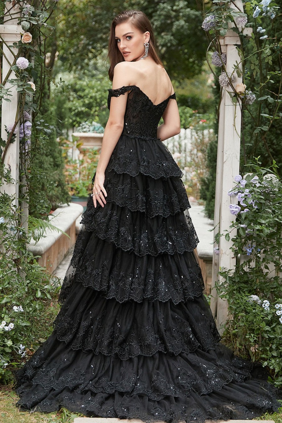 Special Occasion HELLYMOON | Off Shoulder Layered Prom Dress With Slit Black