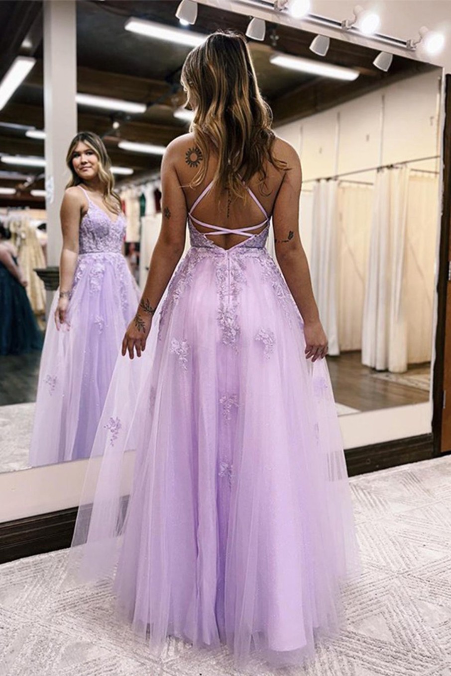 Prom Dresses HELLYMOON | A Line Spaghetti Straps Long Prom Dress With Appliques Lilac