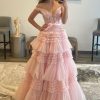 Prom Dresses HELLYMOON | Layered Off The Shoulder Princess Prom Dress With Beading Pink