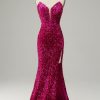 Prom Dresses HELLYMOON | Strapless Sequin Prom Dress With Slit Hot Pink