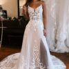 Wedding Dresses HELLYMOON | Detachable Sleeve High Slit A-Line Wedding Dress With Appliques Ivory