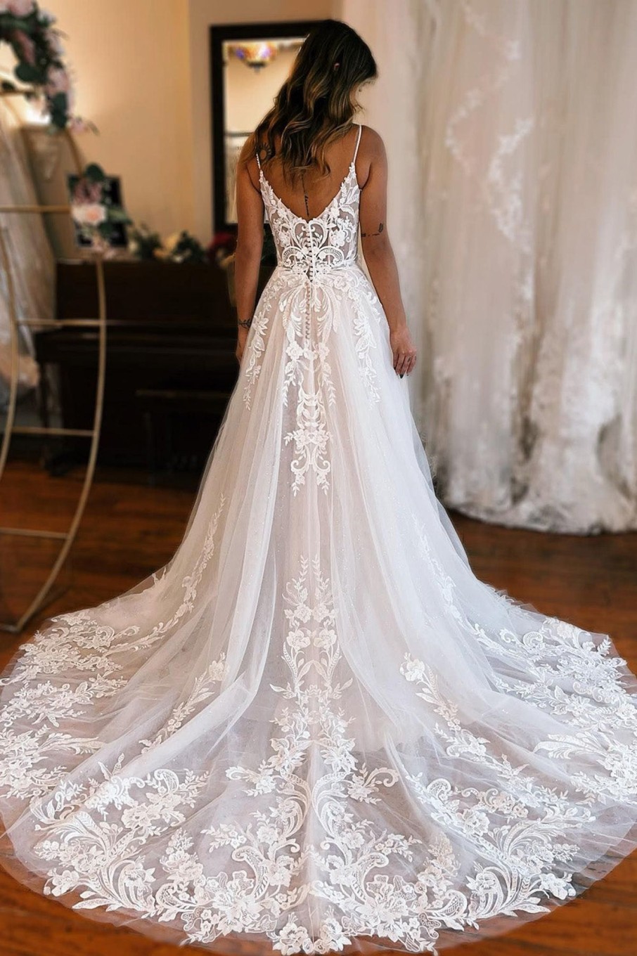 Wedding Dresses HELLYMOON | Detachable Sleeve High Slit A-Line Wedding Dress With Appliques Ivory