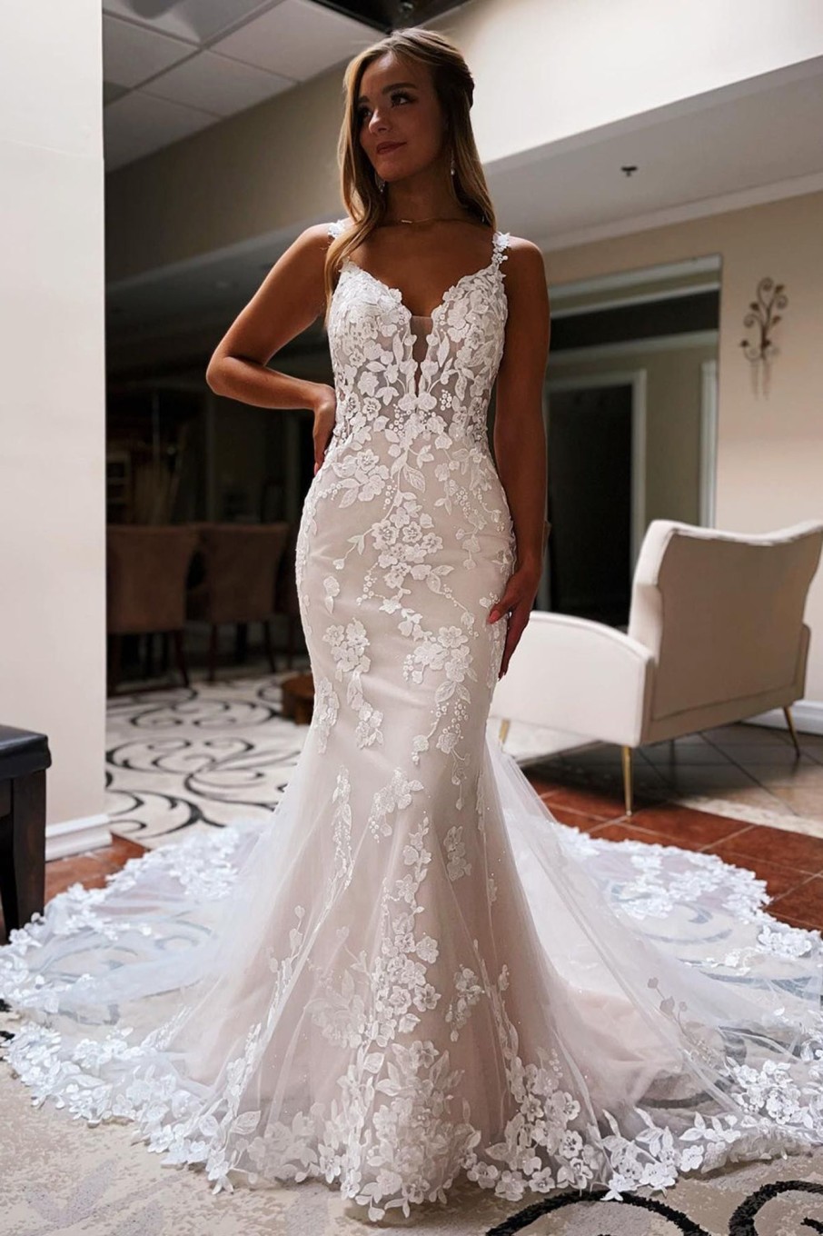 Wedding Dresses HELLYMOON | Backless Lace Mermaid Long Wedding Dress Ivory