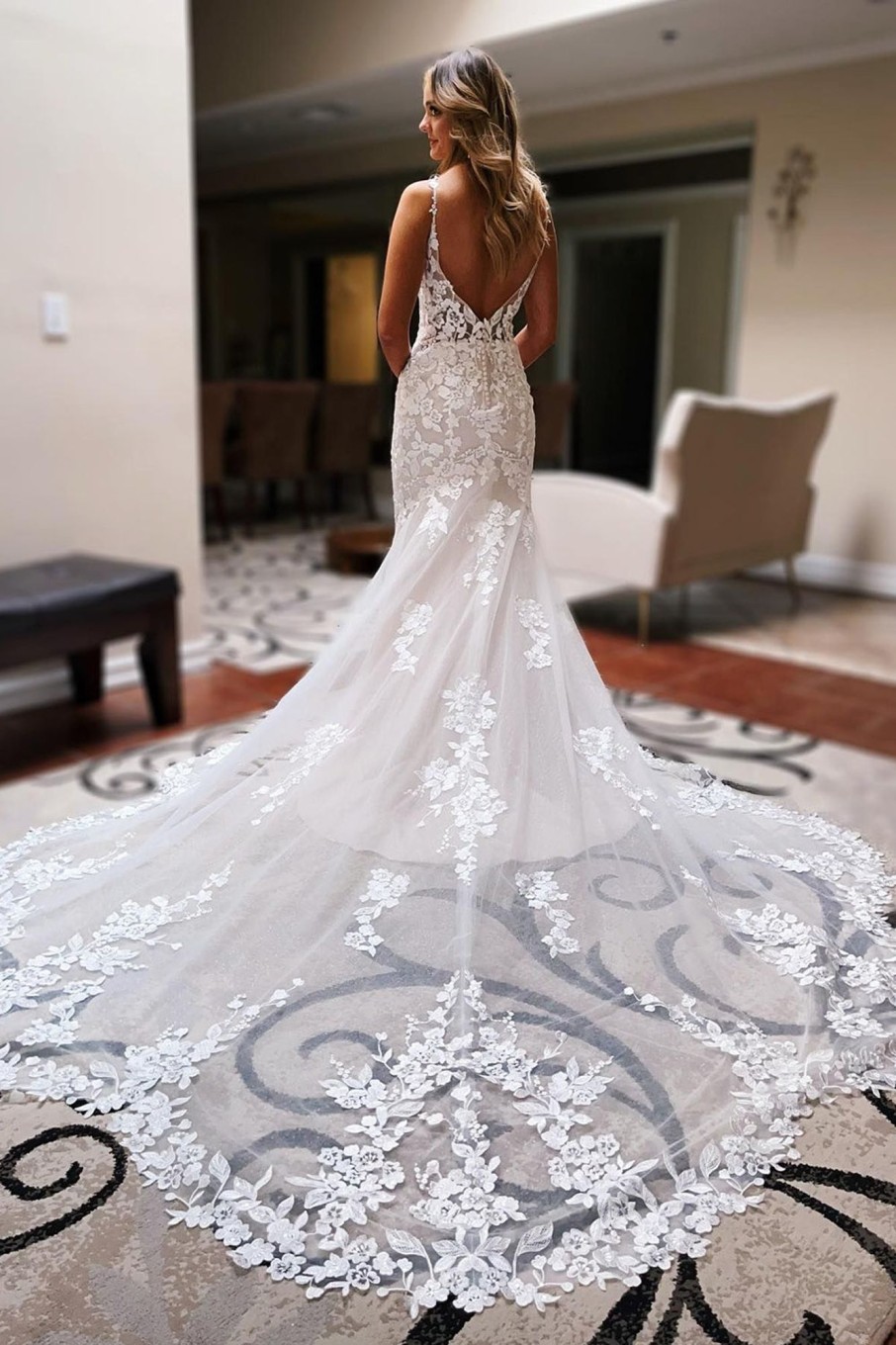 Wedding Dresses HELLYMOON | Backless Lace Mermaid Long Wedding Dress Ivory