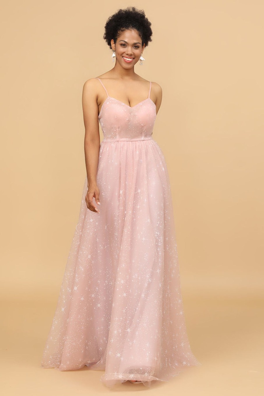 Partywear HELLYMOON | A Line Spaghetti Straps Long Bridesmaid Dress Blush