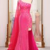 Prom Dresses HELLYMOON | Mermaid Sequin One Shoulder Corset Long Prom Dress With Slit Fuchsia