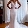 Wedding Dresses HELLYMOON | Sparkly Mermaid Lace Backless Sweep Train Long Wedding Dress White